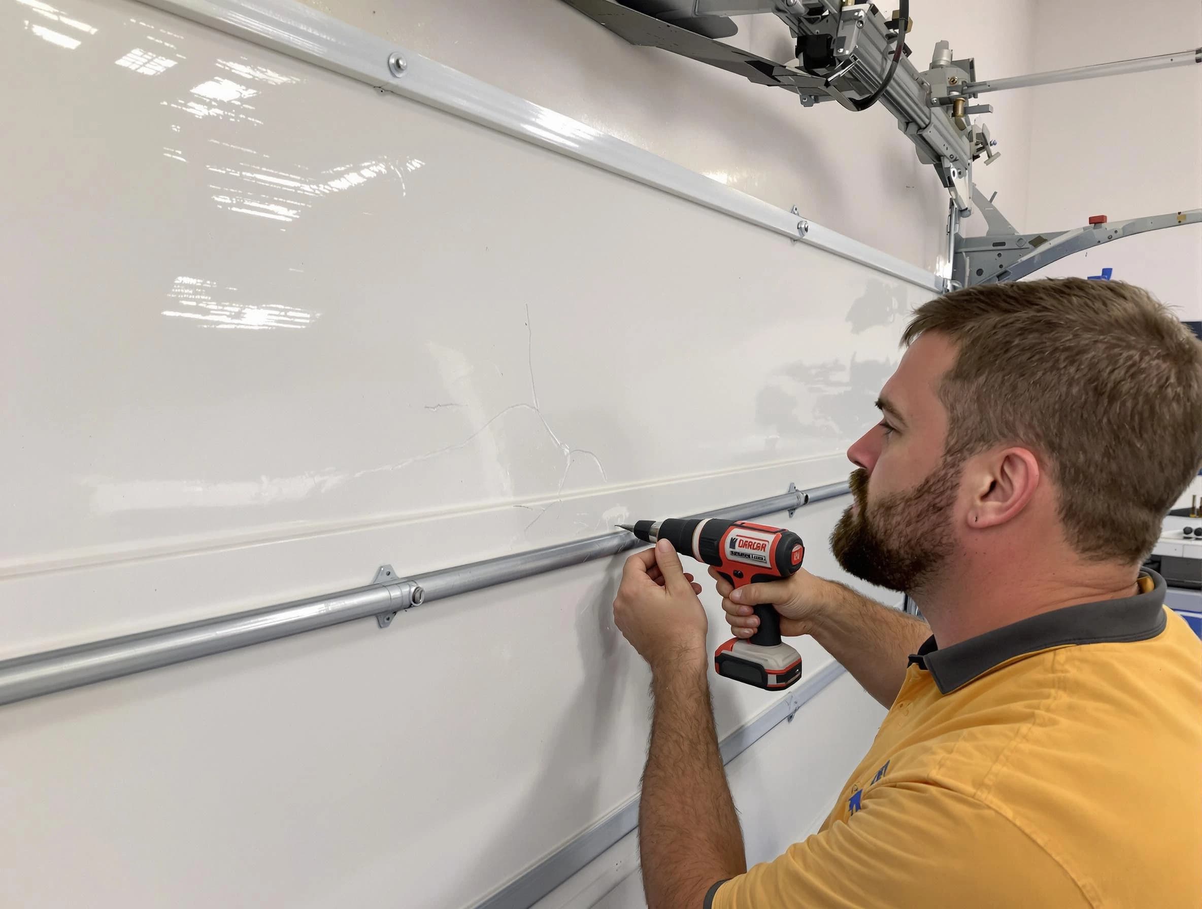 Summit Garage Door Repair expert performing dent repair on garage door in Summit