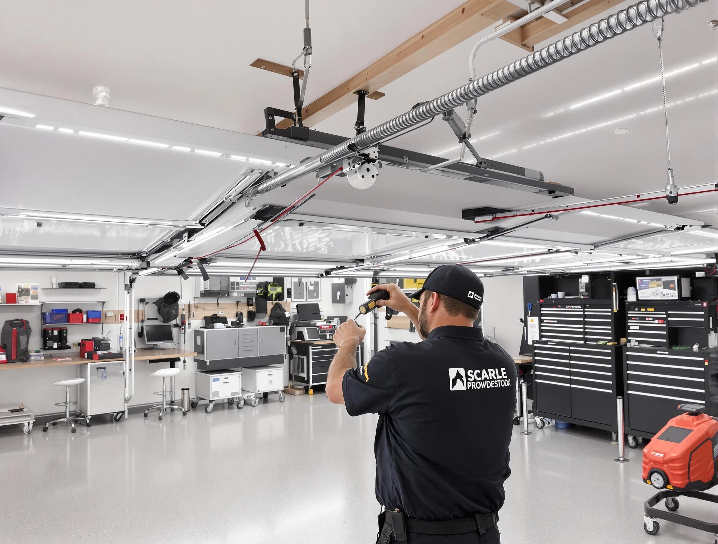 Summit Garage Door Repair technician repairing overhead garage door in Summit