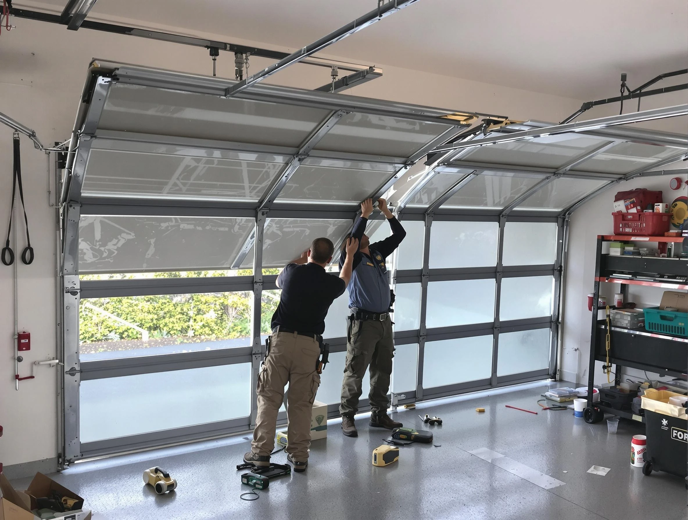 Summit Garage Door Repair expert performing precise panel replacement on Summit garage door