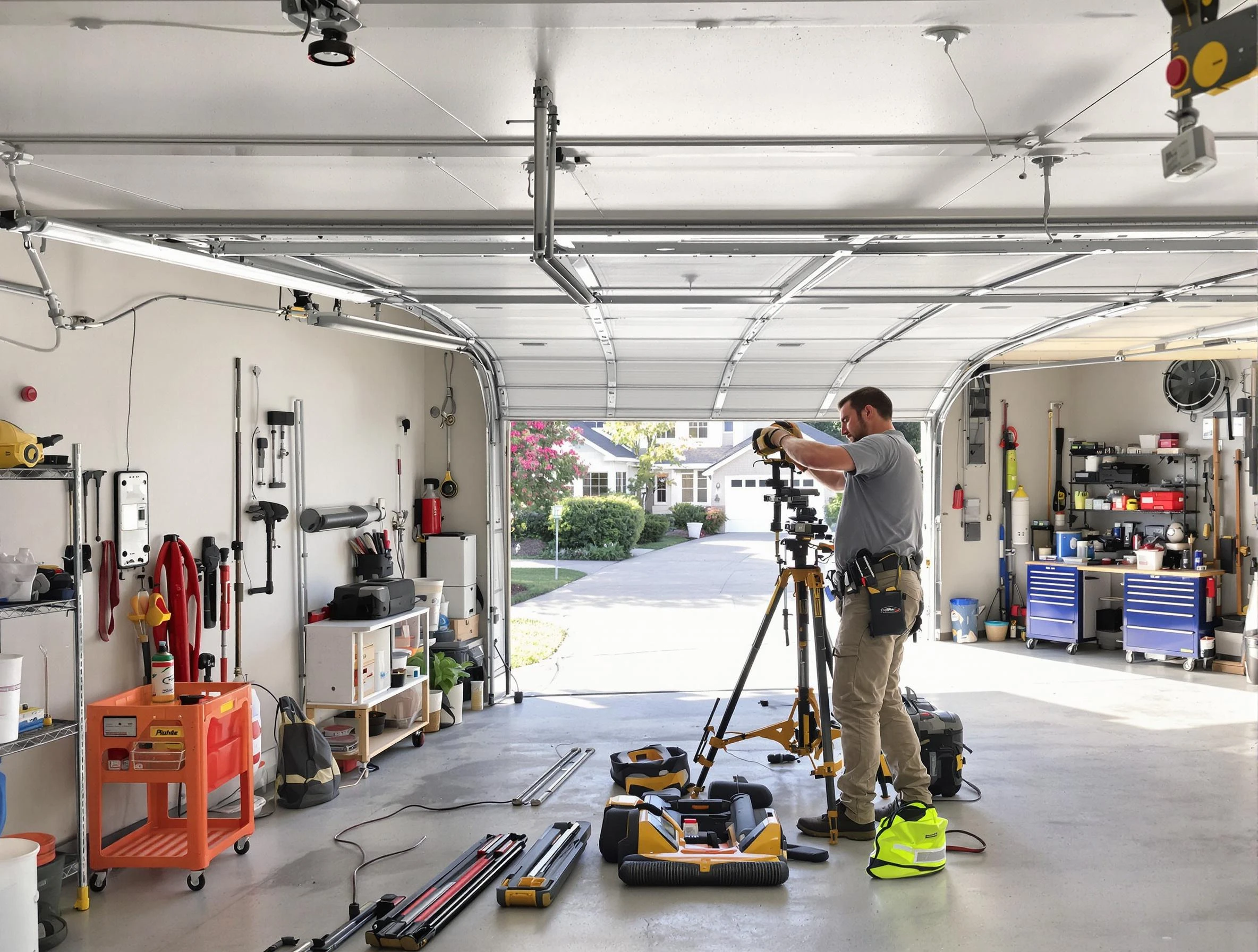 Summit Garage Door Repair specialist performing laser-guided track alignment in Summit